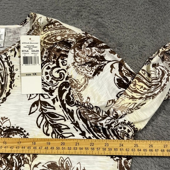 Alfred Dunner Paisley Floral Blouse Womens 1X White Brown 3/4 Sleeve Stretch NWT - Picture 8 of 16